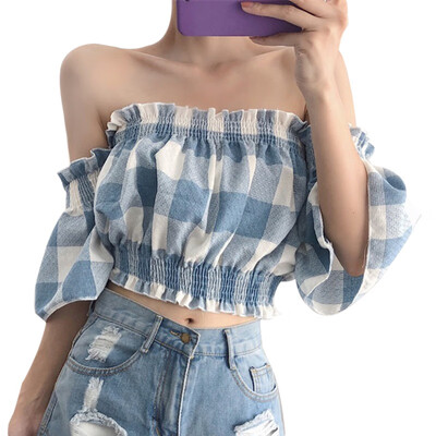 Women Sexy Off Shoulder Top Half Sleeve Pullover Casual Blouse Fashion Flare Sleeve Plaid Chiffon Blouse Crop Top Feamle
Women Sexy Off Shoulder Top Half Sleeve Pullover Casual Blouse Fashion Flare Sleeve Plaid Chiffon Blouse Crop Top Feamle