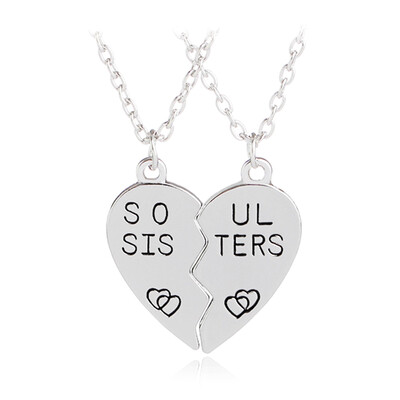 Silver Plated Love Heart Sister Pendant Necklace for Women Girl Kids
