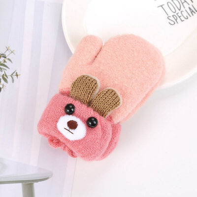 Cute Cartoon Bear Baby Gloves Winter Wool Plus Thick Full Rope Finger Mittens Warm Knitted Gloves