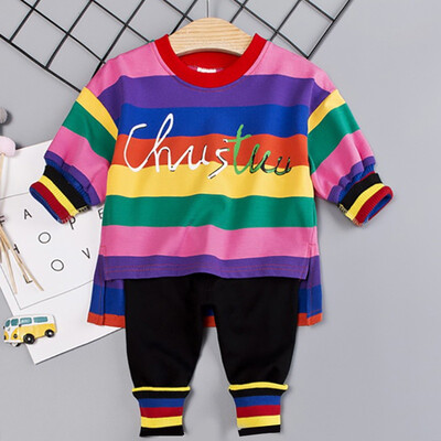 Autumn Baby Girls Letters Striped Print Long Sleeve T-shirt Blouse Trousers Casual Outfits