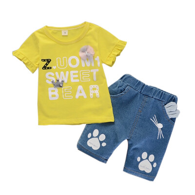 Summer Baby Girls Short Sleeve Floral Letter Print T-shirt TopsCat Paws Denim Shorts Suits Casual Outfits Sets
Summer Baby Girls Short Sleeve Floral Letter Print T-shirt TopsCat Paws Denim Shorts Suits Casual Outfits Sets