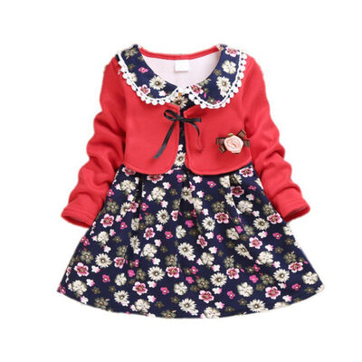Autumn Cute Baby Girls Dress Flower Pattern Print Long Sleeve Fake 2 Piece Dress Kids Clothes Spring