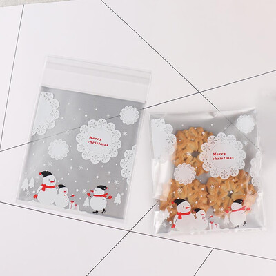 100Pcs New Christmas Santa Claus Baking Package Biscuit Bag Candy Bag Cookie Bag Snowman Plastic Seal Bag Self-Adhesive Bag