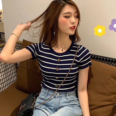 Stripes Womens T-Shirt O Collar T Shirts Skinny Short Sleeve Slim Buttons Knitted Under Wear Tshirt Casual Top Tees For Female
Stripes Womens T-Shirt O Collar T Shirts Skinny Short Sleeve Slim Buttons Knitted Under Wear Tshirt Casual Top Tees For Female