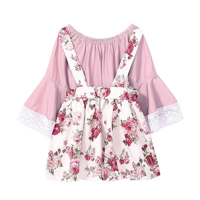 Children Kids Suits One Word Shoulder Long Sleeve Trumpet SleevesT-shirts Printed Strap Dress Overalls Two-piece Sets