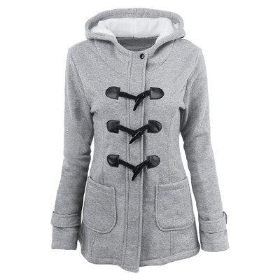 Female Coat Thick Horn Button Hooded Cotton Blend Women Jacket