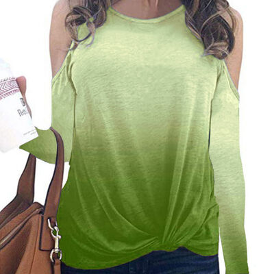 Women Autumn Fashion Casual All-match Loose Gradient Print Knit Decoration Long Sleeve Off-shoulder Slim T-shirt Top