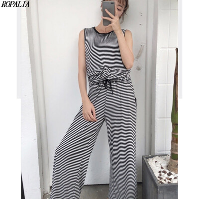 Womens Fashion Korean Style Striped Print Tank Top Elastic Waist Drawstring Loose Ankle-Length Wide Leg Pants Set
Womens Fashion Korean Style Striped Print Tank Top Elastic Waist Drawstring Loose Ankle-Length Wide Leg Pants Set