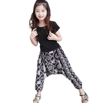 2Pcsset Summer Baby Girl Solid Black T-shirt Elephant Print Pants Trousers Casual Outfits Childrens Girl