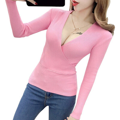 Women Sexy Cross V Neck Knitted Sweater Pullover Fashion Autumn Winter Rib Knitted Sweater Women Long Sleeve Sweaters Female