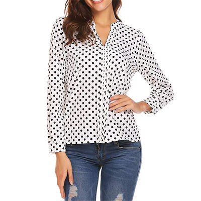 Womens Dot Pattern V-Neck Long Sleeve Blouse
