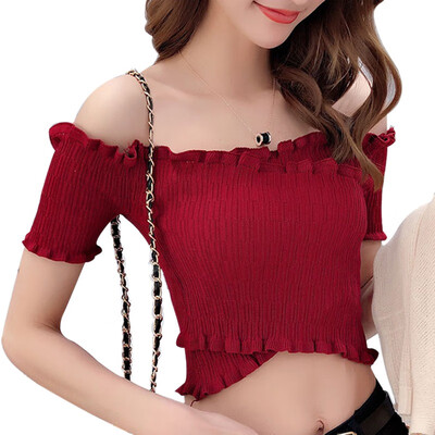 Elegant Solid Off Shoulder Cropped T-shirt Women Summer Short Sleeve Ruffles T-Shirt Top Ladies Elastic Knitted Short Tee Top
Elegant Solid Off Shoulder Cropped T-shirt Women Summer Short Sleeve Ruffles T-Shirt Top Ladies Elastic Knitted Short Tee Top