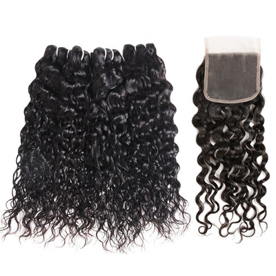 Brazilian Remy Human Hair Weave Water Wave Hair 4pcs Bundles with Lace Closure Virgin Cheap Extensions
