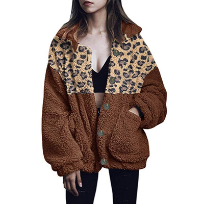 Tailored Women Winer Plus Size Jacket Warm Leopard Splice Outwear Plush Pocket Long Coat