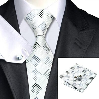 N-0355 Vogue Men Silk Tie Set Gray Plaids Necktie Handkerchief Cufflinks Set Ties For Men Formal Wedding Business wholesale