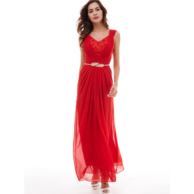CAZDZY V-Neck Lace Pleated Chiffon A-Line Evening Dress