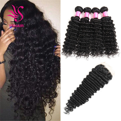YS HAIR Deep Wave Brazilian Virgin Hair 4 Bundles with Free Part Lace Closure Unprocessed Human Hair Black Color
YS HAIR Deep Wave Brazilian Virgin Hair 4 Bundles with Free Part Lace Closure Unprocessed Human Hair Black Color
