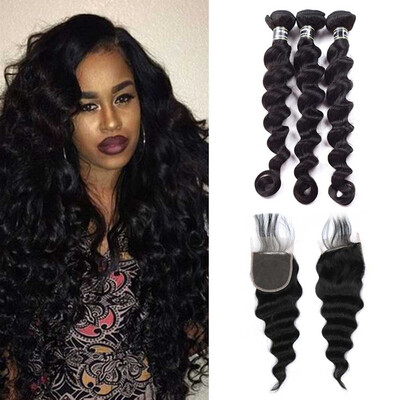 7A Brazilian Virgin Hair 3 Bundles Loose Wave with Closure Human Hair Weave with Lace Closure 4x4 Soft&Bouncy 1B Color
7A Brazilian Virgin Hair 3 Bundles Loose Wave with Closure Human Hair Weave with Lace Closure 4x4 Soft&Bouncy 1B Color