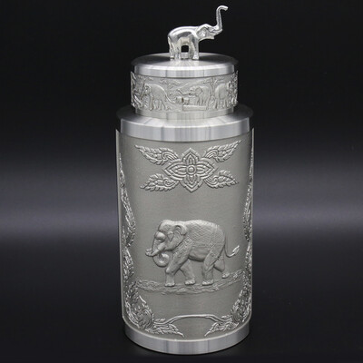 Oriental Pewter -Pewter Tea Storage Caddy TPCM1E Hand Carved Beautiful Embossed Pure Tin 97 Lead-Free Handmade in Thailand 
Oriental Pewter -Pewter Tea Storage Caddy TPCM1E Hand Carved Beautiful Embossed Pure Tin 97 Lead-Free Handmade in Thailand