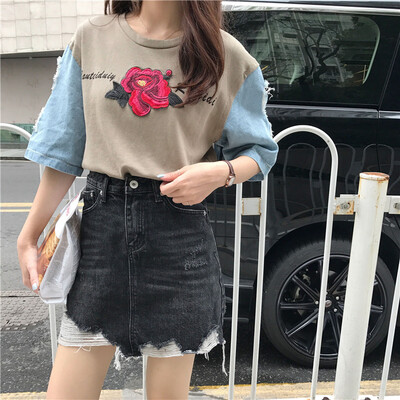 Ripped Hole Sleeved Women T Shirt Summer Harajuku Women Tops Casual Loose Elegant T-shirt Rose Letter Embroidered Women Clothing
Ripped Hole Sleeved Women T Shirt Summer Harajuku Women Tops Casual Loose Elegant T-shirt Rose Letter Embroidered Women Clothing