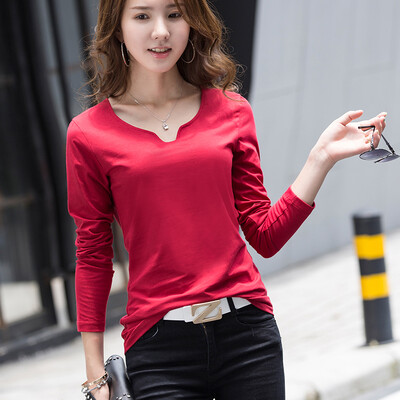 2018 spring&summer new solid color V-neck T-shirt womens cotton long-sleeved shirt 
2018 spring&summer new solid color V-neck T-shirt womens cotton long-sleeved shirt