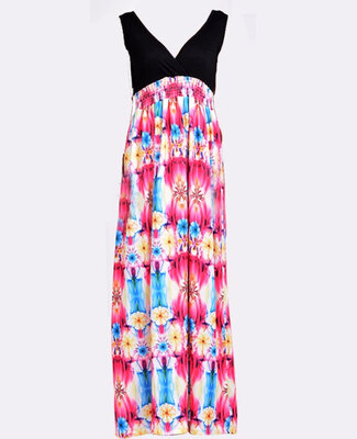 Women's Summer Printing V Neck Maxi Dress Splice Waisted Dress