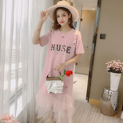 Long Yue womens short-sleeved dress 2018 summer new long T-shirt skirt student beaded letter mesh stitching skirt LWQZ184209 pink
Long Yue womens short-sleeved dress 2018 summer new long T-shirt skirt student beaded letter mesh stitching skirt LWQZ184209 pink