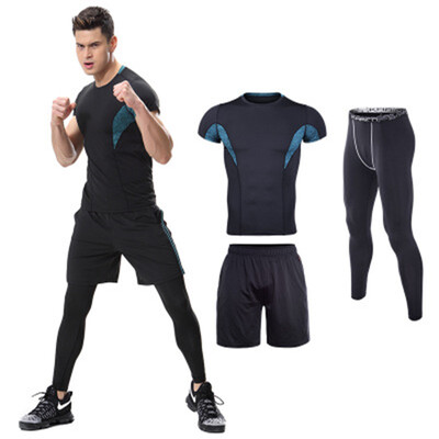 2018 short-sleeved workout clothes mens suit three-piece training running suit summer elastic tight sports suit