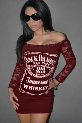 Womens Off-Shoulder Monogrammed Dress with Lace Trim