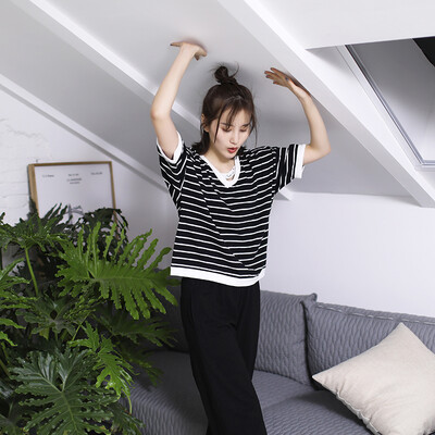 Haizhining 17W38 pajamas ladies V-neck fashion casual striped short-sleeved pants cotton home clothes two-piece girl home service suit black 165
Haizhining 17W38 pajamas ladies V-neck fashion casual striped short-sleeved pants cotton home clothes two-piece girl home service suit black 165