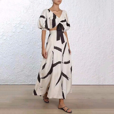 Womens Skirt Suit Print Puff Sleeve Elastic Lace Up Short Pullover With High Waist Draped Long Skirts 2018 Elegant
Womens Skirt Suit Print Puff Sleeve Elastic Lace Up Short Pullover With High Waist Draped Long Skirts 2018 Elegant