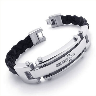 Hpolw Men's Stainless Steel black hand-knitted Leather Cross crystal Bolt buttoned Bracelet
Hpolw Men's Stainless Steel black hand-knitted Leather Cross crystal Bolt buttoned Bracelet
