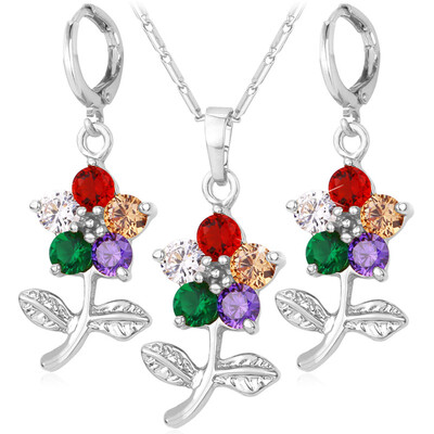 Кубического циркония ювелирные изделия наборы для женщин Платина /18k настоящее позолоченный цветок Роза Кристалл ожерелье серьги набор женщин