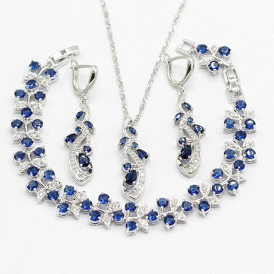 Dark Blue Crystal 925 Silver Jewelry Sets For Women Earrings Pendant Necklace Bracelet Birthday Gift