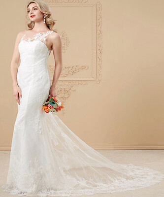 Mermaid Trumpet Illusion Neck Chapel Train Lace Over Satin Wedding Dresses with Appliques Lace by CIRCELEE®
Mermaid Trumpet Illusion Neck Chapel Train Lace Over Satin Wedding Dresses with Appliques Lace by CIRCELEE®