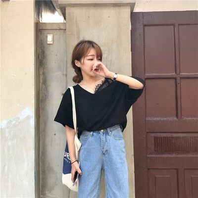 women wear korean style loosen V neck loosen collar lace side sling short sleeve off shoulder T-shirt
women wear korean style loosen V neck loosen collar lace side sling short sleeve off shoulder T-shirt