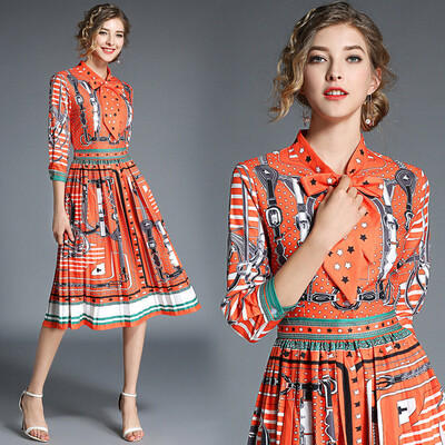 DFYOP New dress retro print waist pleated skirt 
DFYOP New dress retro print waist pleated skirt
