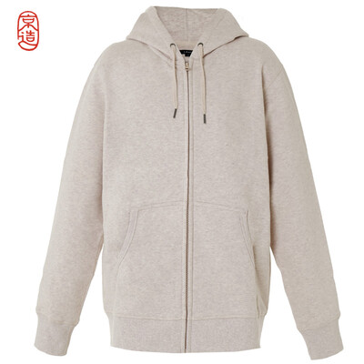 JZAO mens sweater thick brushed sweater hooded zipper sweater beige gray L code