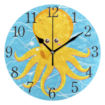 Wall Clock Arabic Numerals Design Yellow Octopus Round