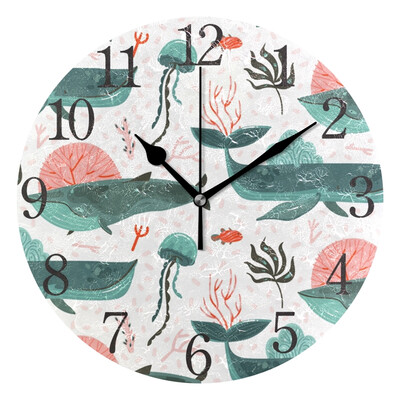 Wall Clock Arabic Numerals Design Coral Reefs Beauty Big Whales Round