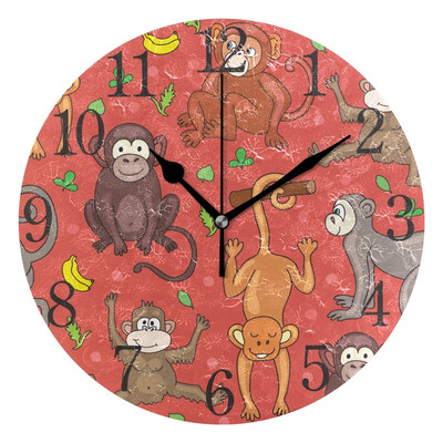 Wall Clock Arabic Numerals Design Monkeys Bananas And Leaves Round