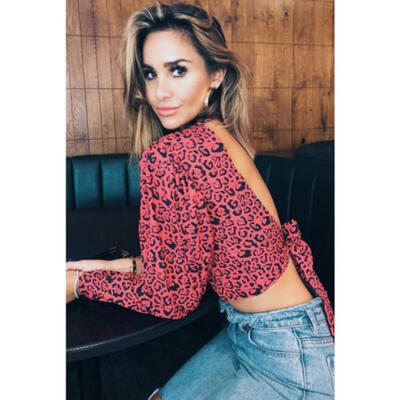 Women Leopard Print Top Long Sleeve V-Neck Autumn Cotton Casual T-Shirt Blouse