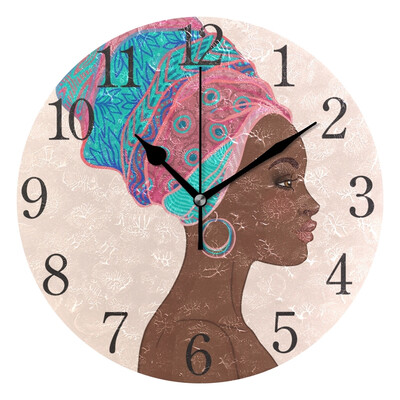 Wall Clock Arabic Numerals Design Beautiful African Women Round