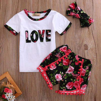 3pcs Toddler Newborn Kids Baby Girls Outfits TShirt TopsShort Pants Clothes Set