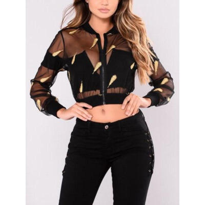 Women Hollow Mesh Net Jacket Long Sleeve Tee Tops Transparent Blouse Clubwear US
