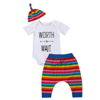 Cute Newborn Baby Boy Girl Rainbow Striped 3PCS Outfits Toddler Kid Clothes Sets 
Cute Newborn Baby Boy Girl Rainbow Striped 3PCS Outfits Toddler Kid Clothes Sets