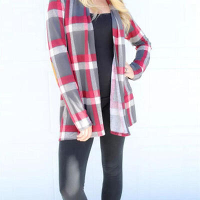 Women Long Sleeve Slim Formal Cardigan Coat Open Front Long Sleeve Plaid Jackets