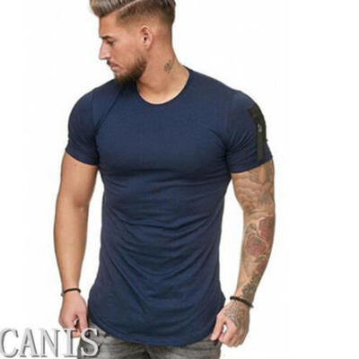 Mens Slim Fit O Neck Short Sleeve zipper Muscle Tee T-shirt Casual Blouse Tops