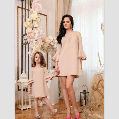 Mother&Daughter Dress Trumpet Sleeve Matching Mom Girls Dress Family Skirt
