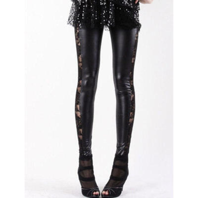 Womens Wet Look Gothic Lace Floral Rose Leggings Sheer Low Waist Slim Pants